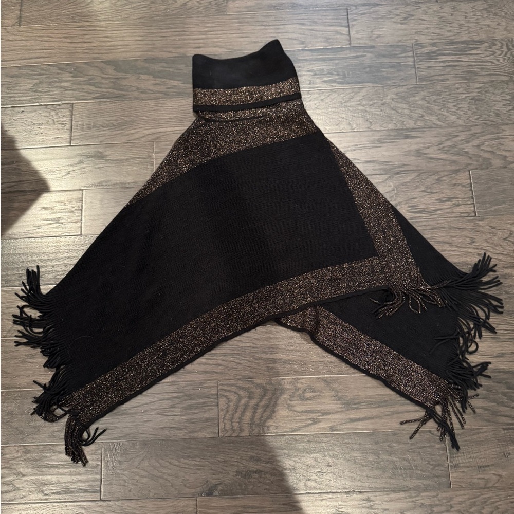 Black Knit Poncho with Metallic Trim